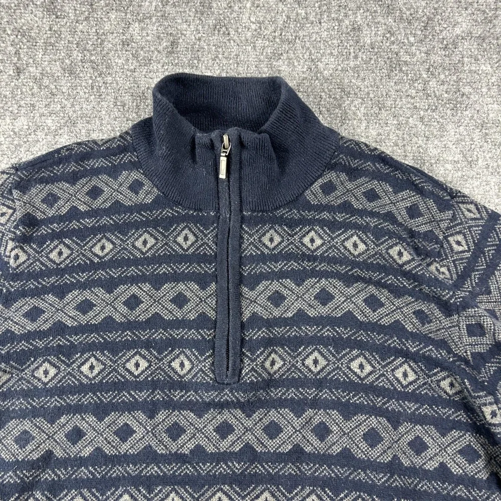 L.L.Bean Sweater Mens Medium Blue Fair Isle Quarter Zip Cotton Cashmere Pullover